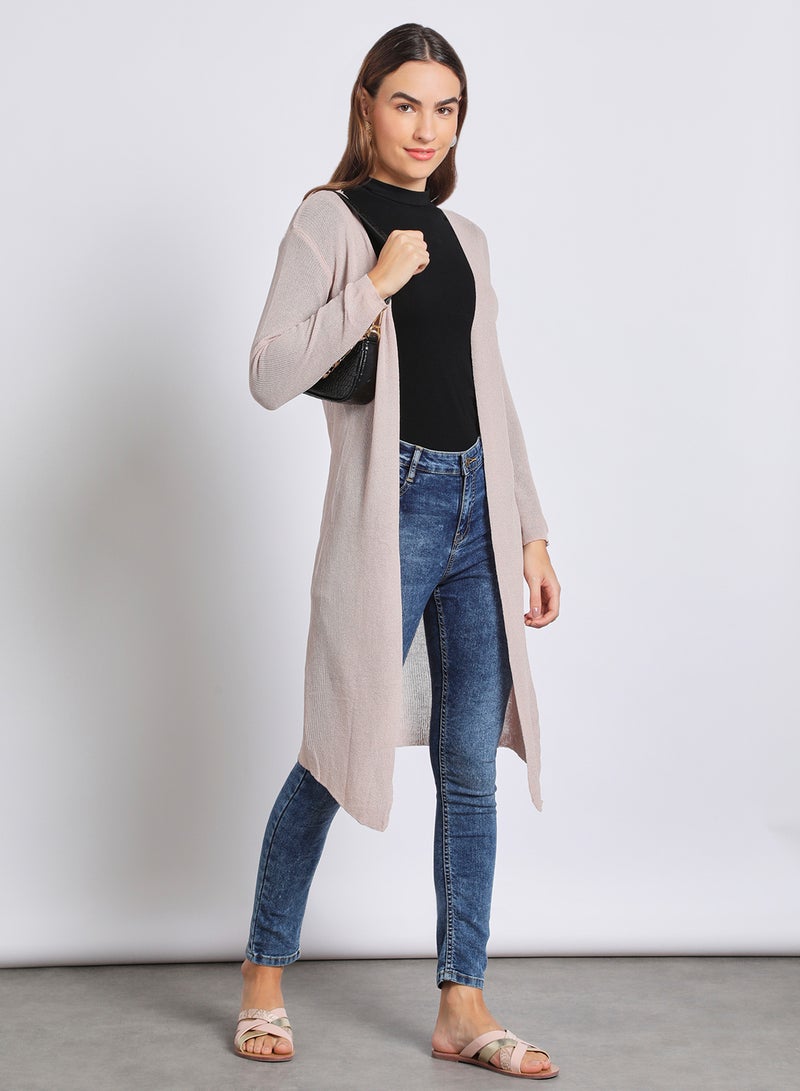 Aila - stylish long solid cardigan full sleeves front open Pink - Image 1