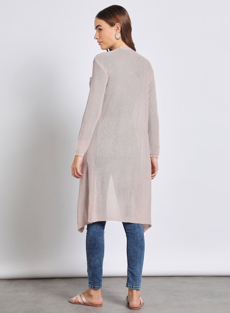 Aila - stylish long solid cardigan full sleeves front open Pink - Image 1