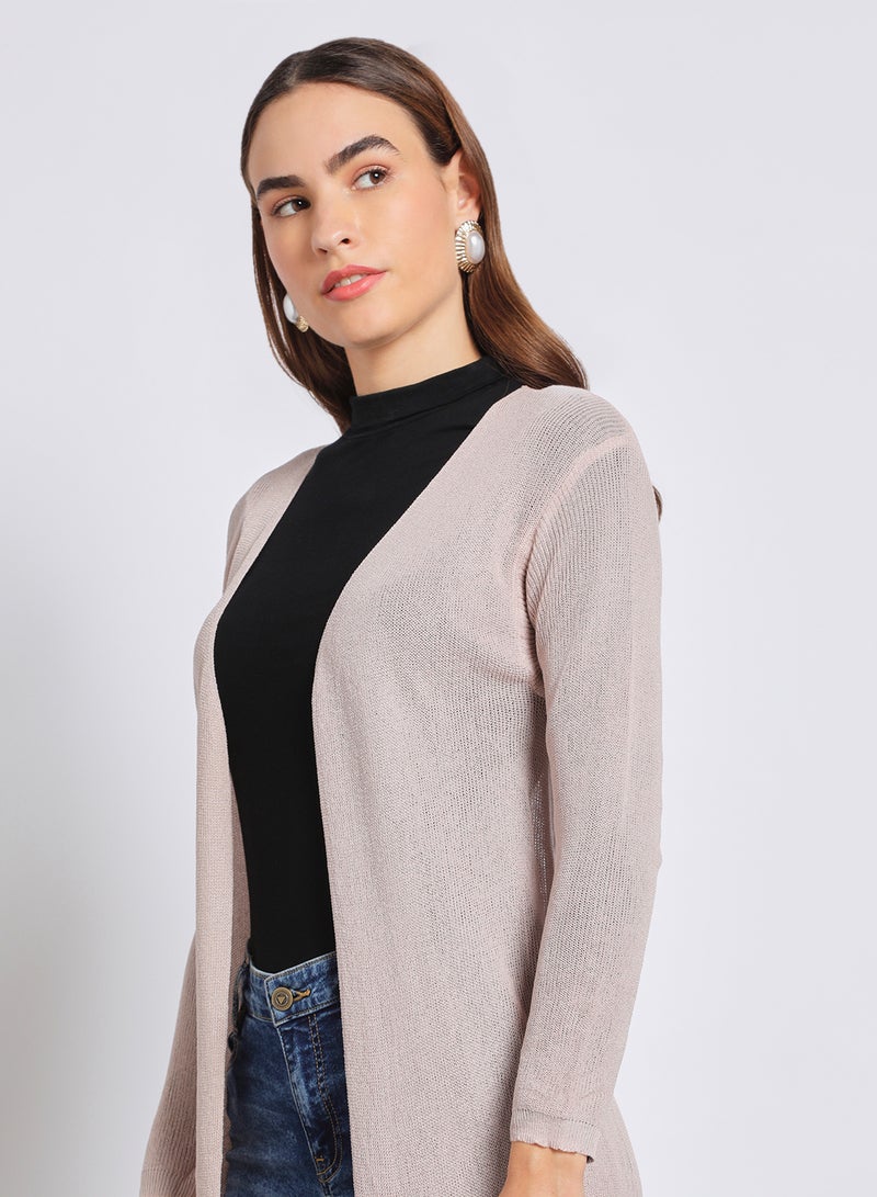 Aila - stylish long solid cardigan full sleeves front open Pink - Image 1