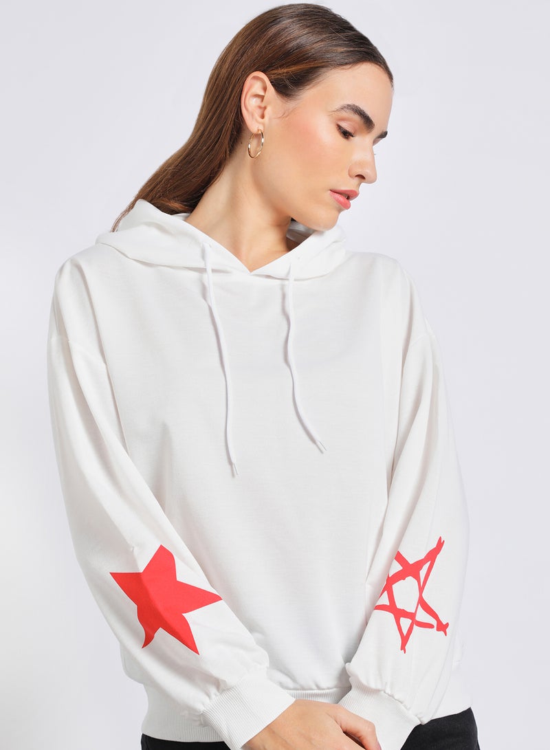 Aila - Women Five-Pointed Printed Hoodie With String White - Image 1