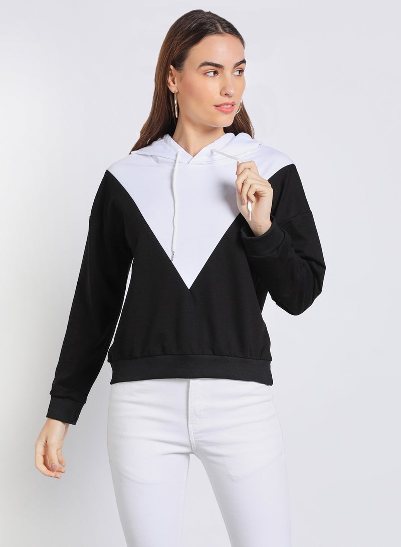 Aila Women Contrast Color Hoodie With String Black/White  - Image 1
