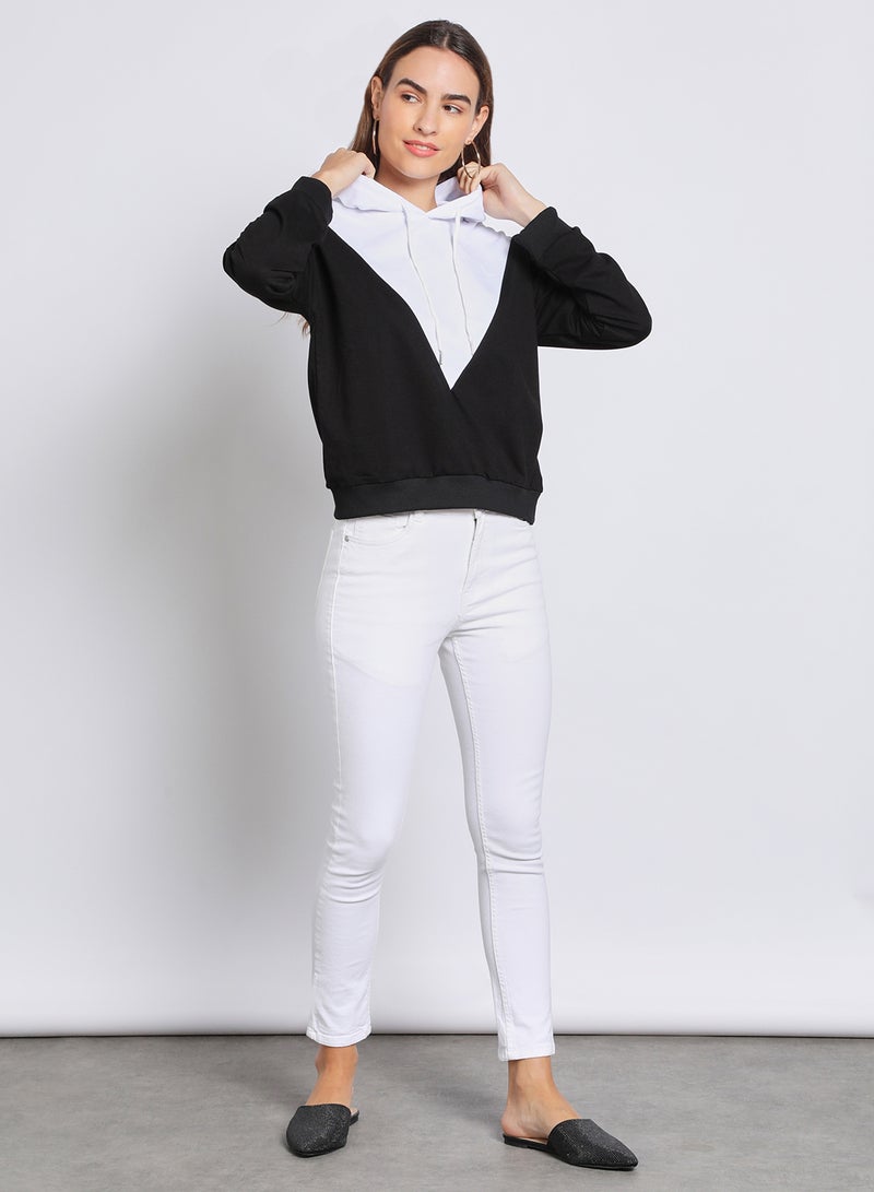 Aila Women Contrast Color Hoodie With String Black/White  - Image 2