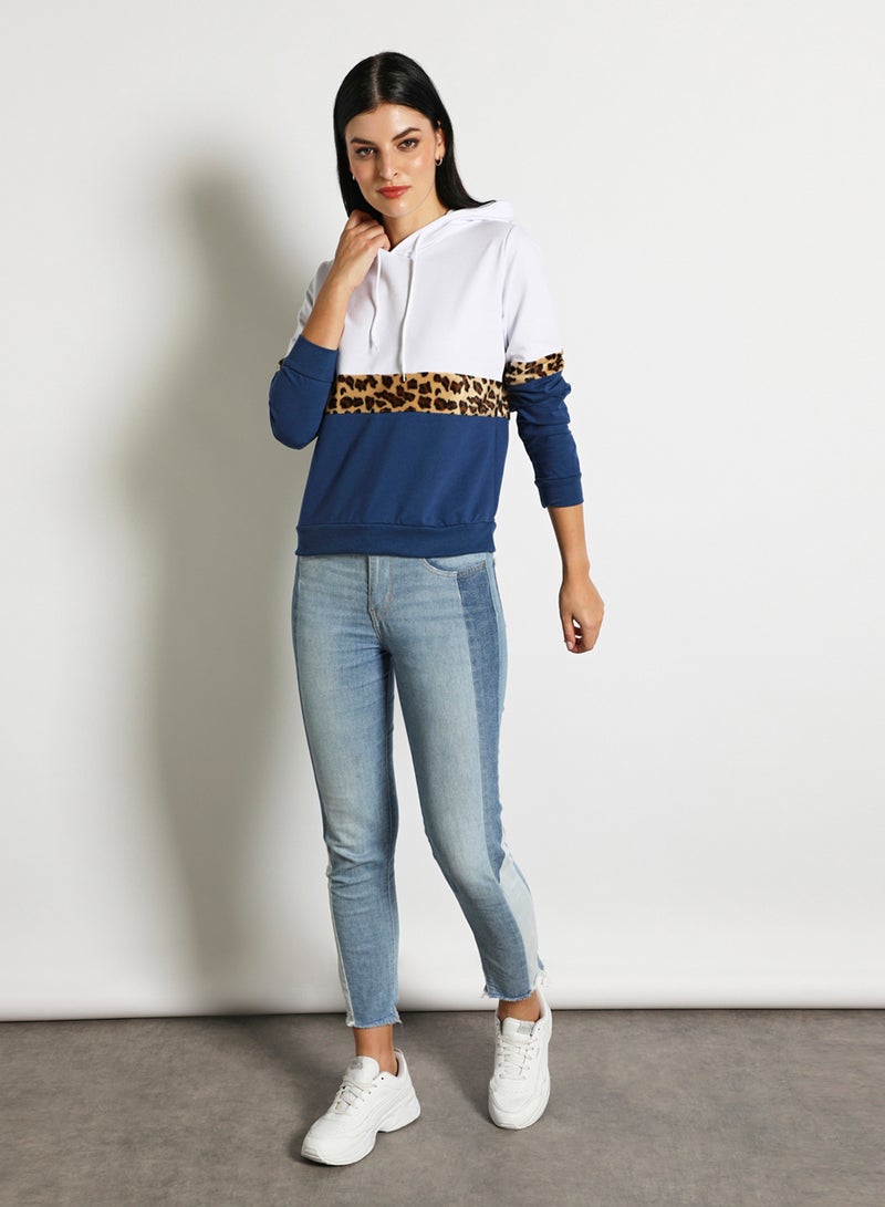 Aila - Contrast Color Stylish Hoodie Navy Blue/White - Image 1