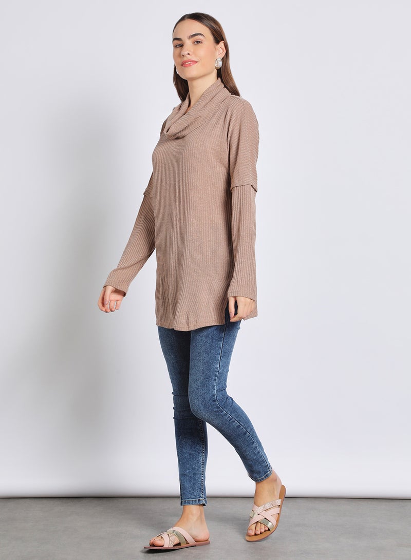 Aila Relaxed Turle Neck Drop Shoulder Long Sleeve Sweater Khaki  - Image 2