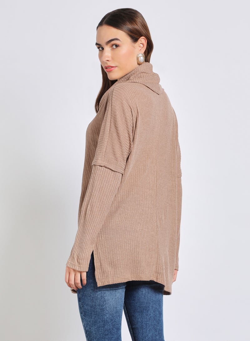 Aila Relaxed Turle Neck Drop Shoulder Long Sleeve Sweater Khaki  - Image 3