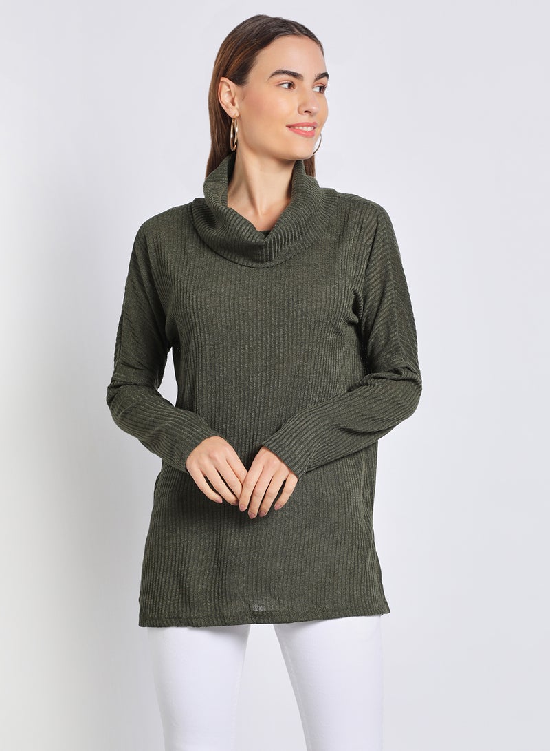 Aila Relaxed Turle Neck Drop Shoulder Long Sleeve Sweater Olive Green  - Image 1