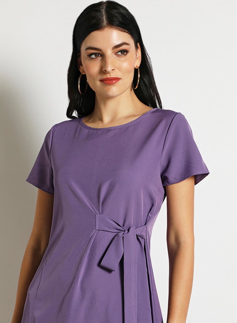 Aila - Women'S Casual Mini Short Sleeve Plain Basic Dress With Belt Purple - Image 1