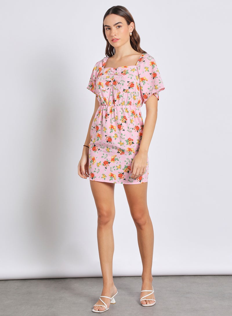 Aila - Women'S Casual Mini Short Sleeve Round Neck Floral Dress Pink - Image 1