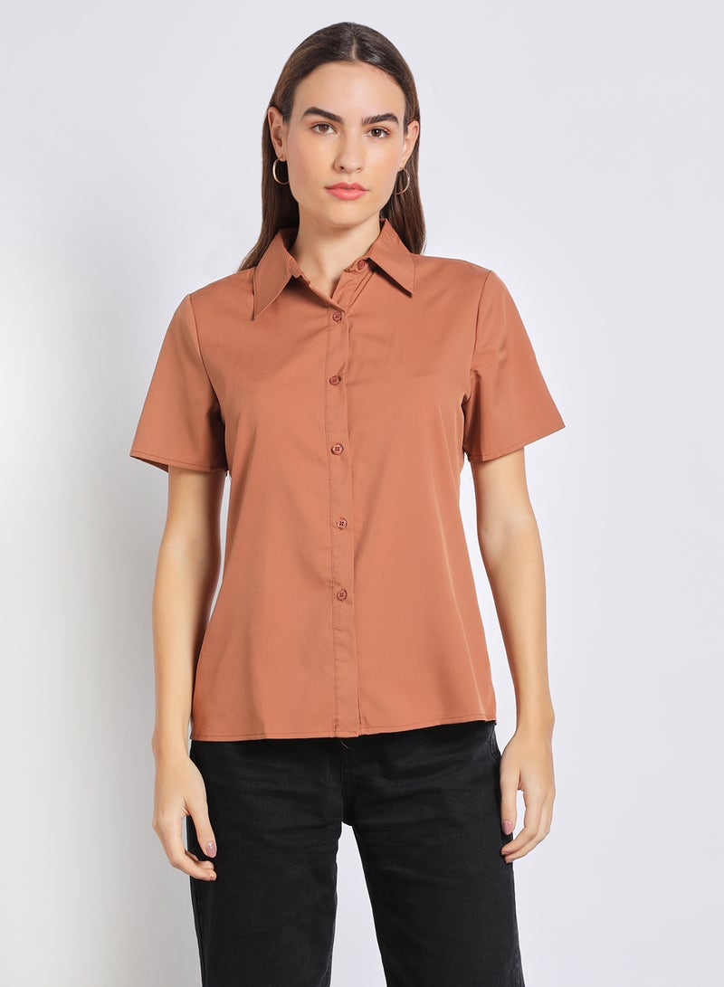 Aila Women'S Casual Short Sleeve Solid Blouse Brown  - Image 1
