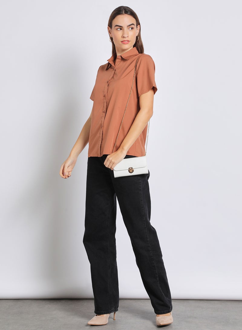Aila Women'S Casual Short Sleeve Solid Blouse Brown  - Image 2