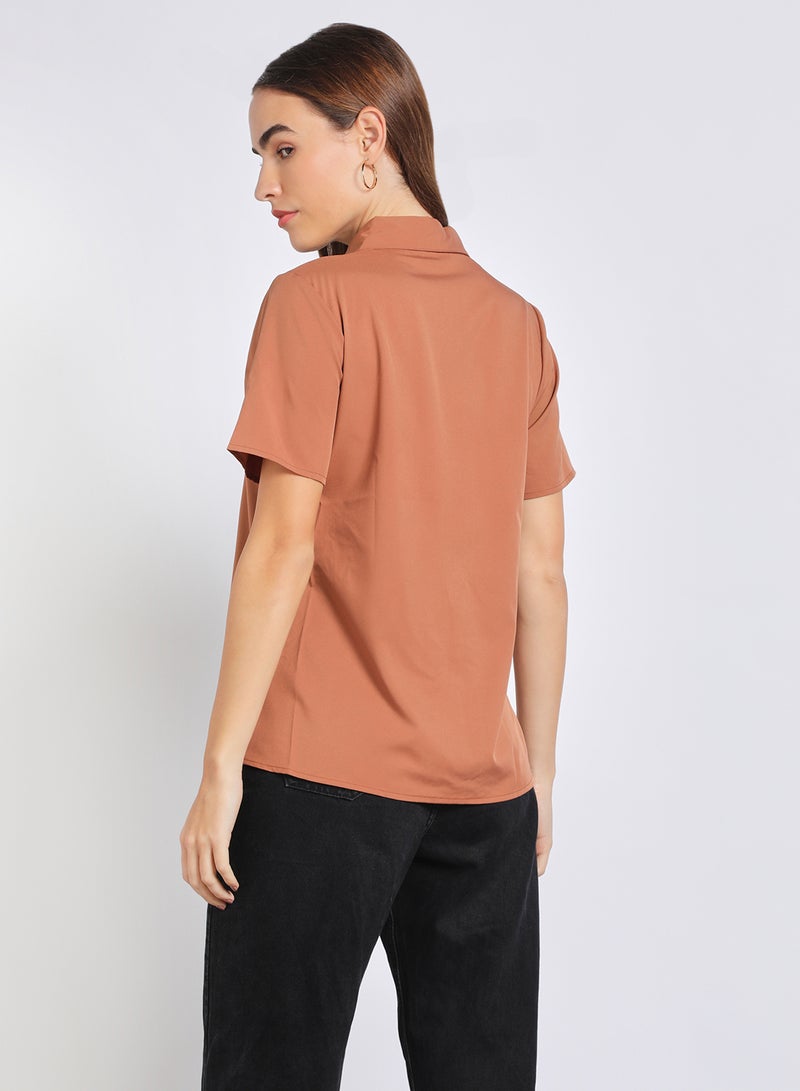 Aila Women'S Casual Short Sleeve Solid Blouse Brown  - Image 3