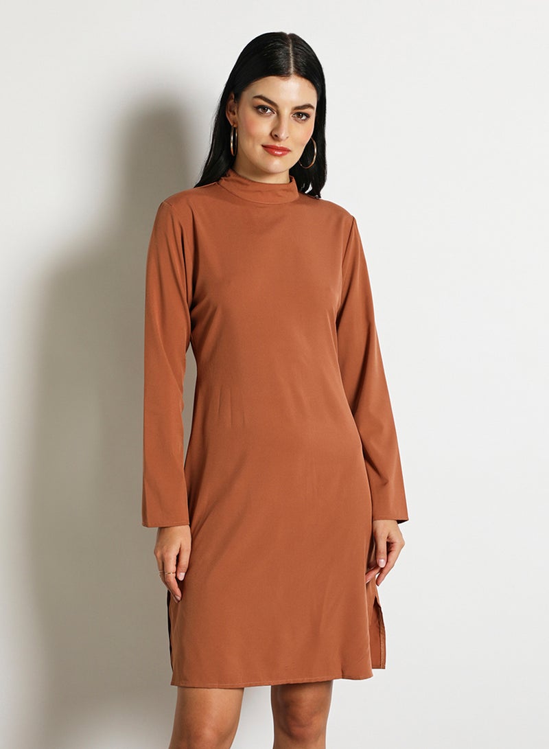Aila Women'S Casual Midi Long Sleeve  Solid Dress Brown  - Image 1