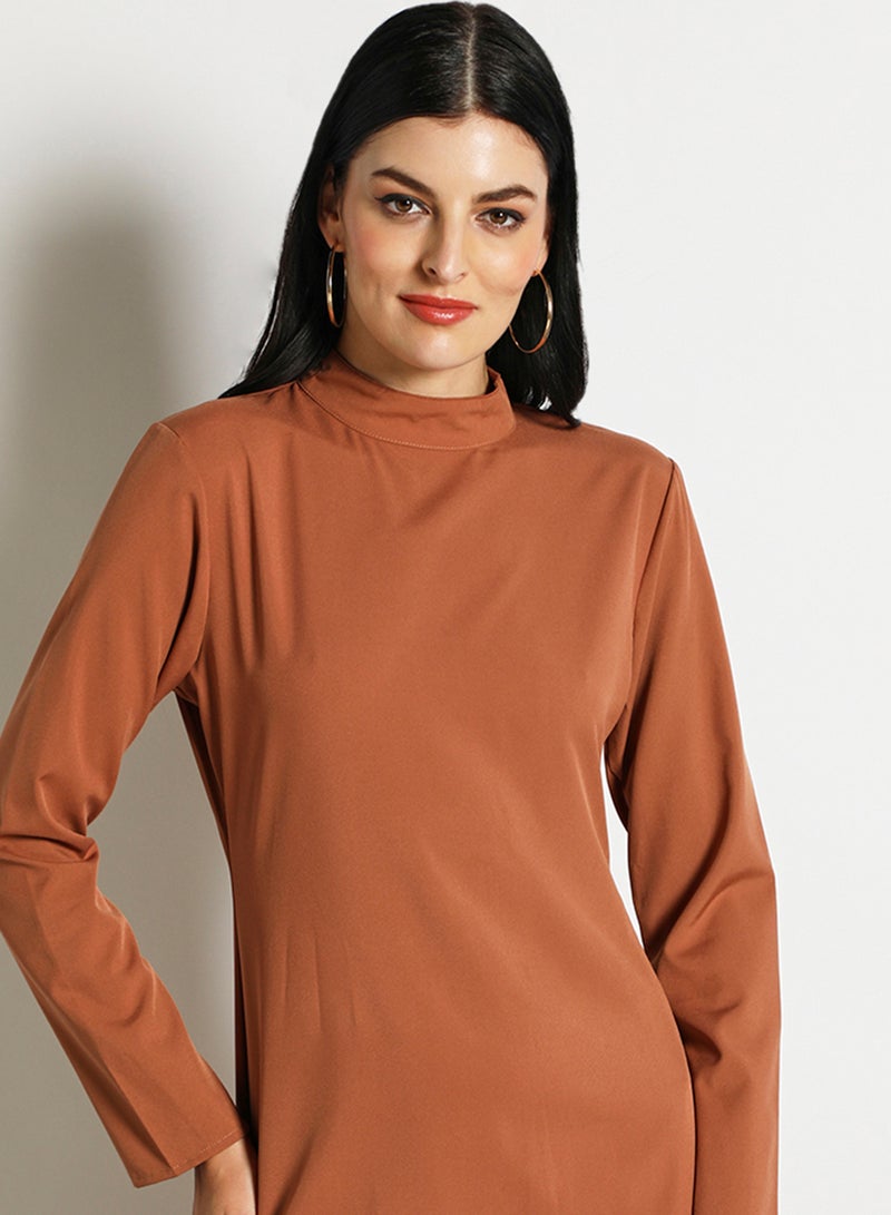 Aila Women'S Casual Midi Long Sleeve  Solid Dress Brown  - Image 4