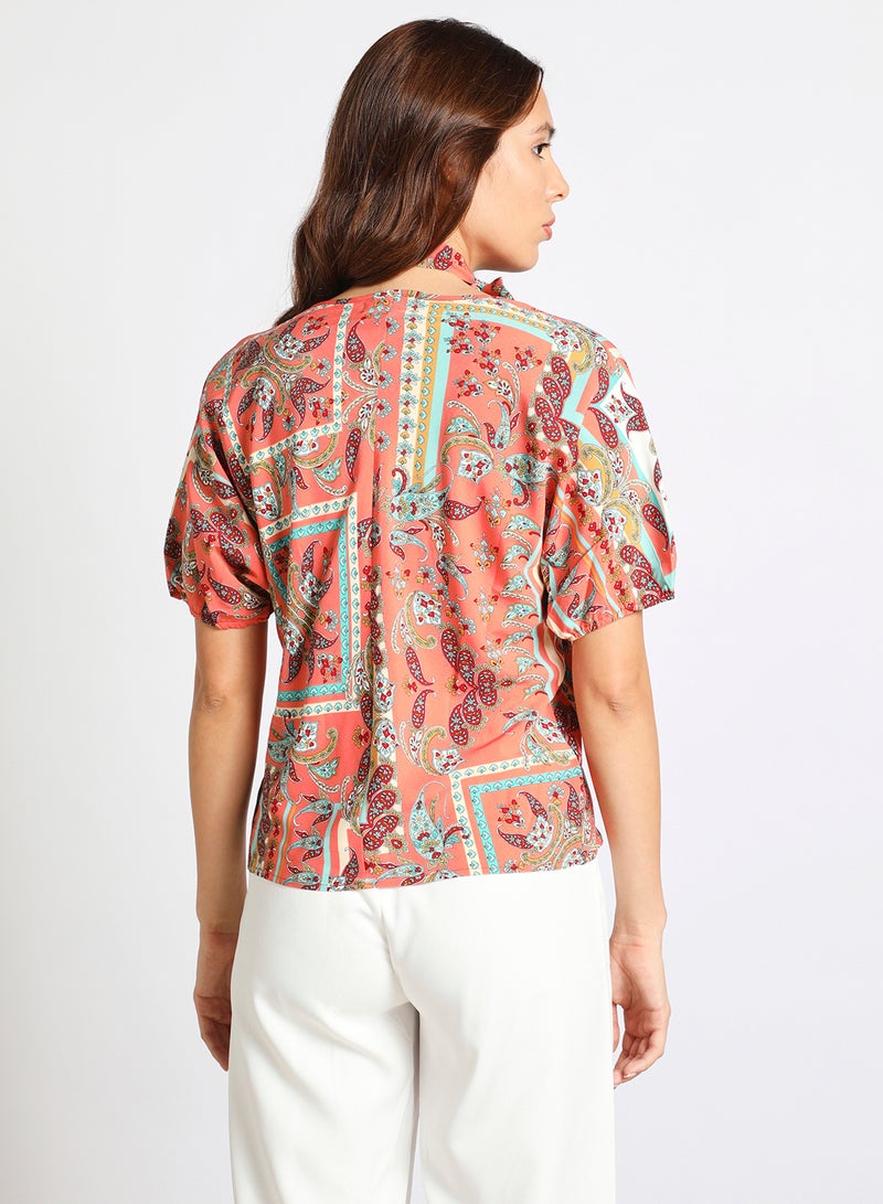Aila - Women's Casual V-Neck Short Sleeve Tie Front Printed Tops Multicolour - Image 1
