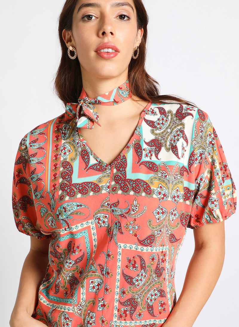 Aila - Women's Casual V-Neck Short Sleeve Tie Front Printed Tops Multicolour - Image 1