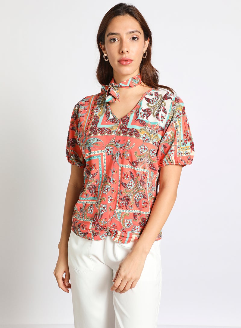 Aila - Women's Casual V-Neck Short Sleeve Tie Front Printed Tops Multicolour - Image 1