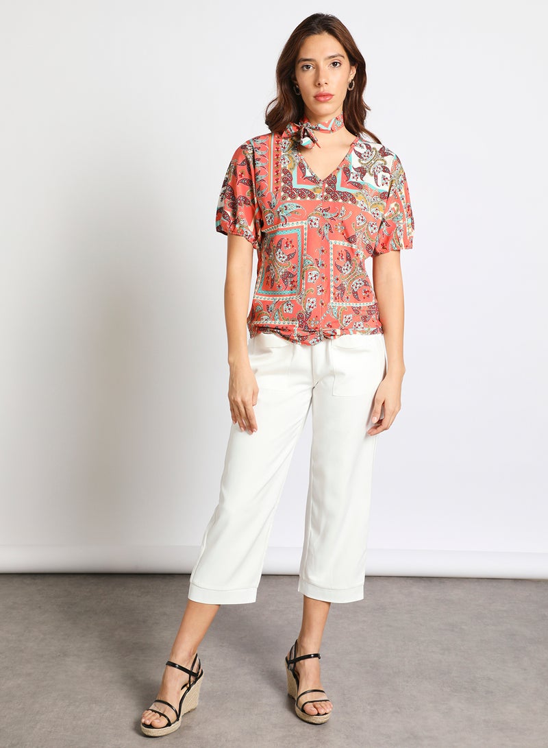 Aila - Women's Casual V-Neck Short Sleeve Tie Front Printed Tops Multicolour - Image 1