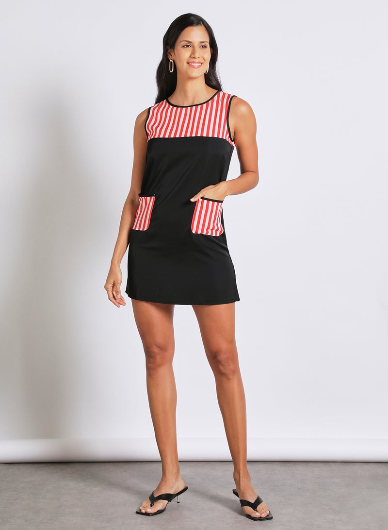 Aila Women's Casual Polyester Sleeveless Mini Dress With Boat Neck With Patch Pocket Red/Black  - Image 1
