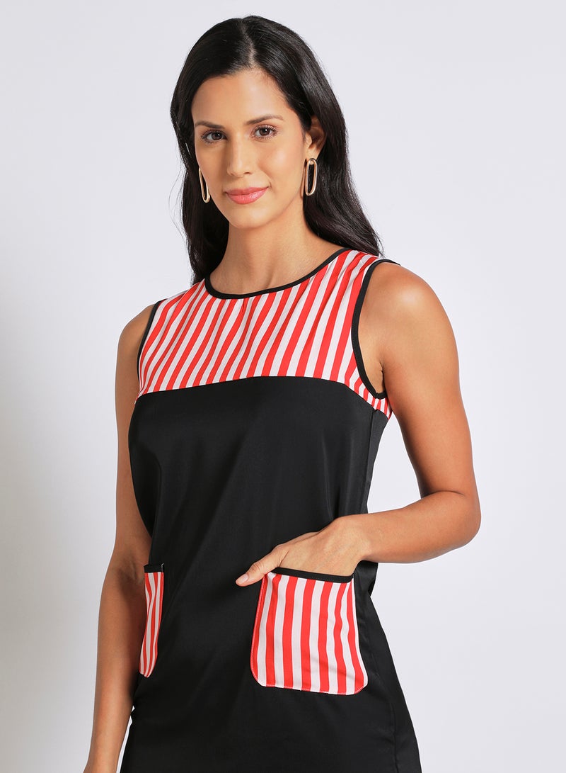 Aila Women's Casual Polyester Sleeveless Mini Dress With Boat Neck With Patch Pocket Red/Black  - Image 4