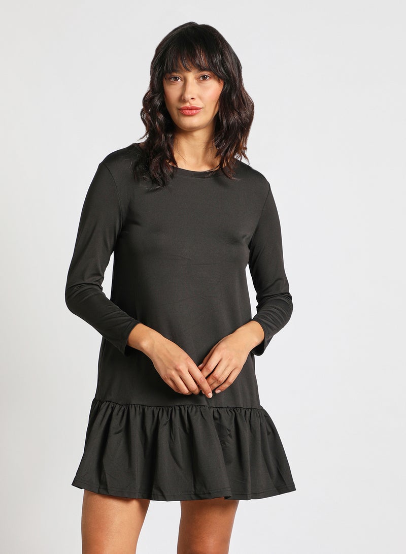 Aila Women's Casual Round Neck Long Sleeve Ruffles Hem Knee Length Dress Black  - Image 1