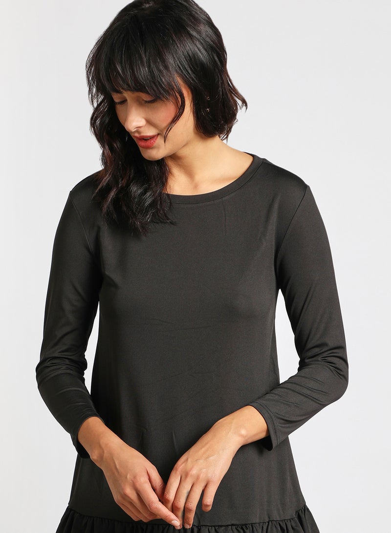 Aila Women's Casual Round Neck Long Sleeve Ruffles Hem Knee Length Dress Black  - Image 4