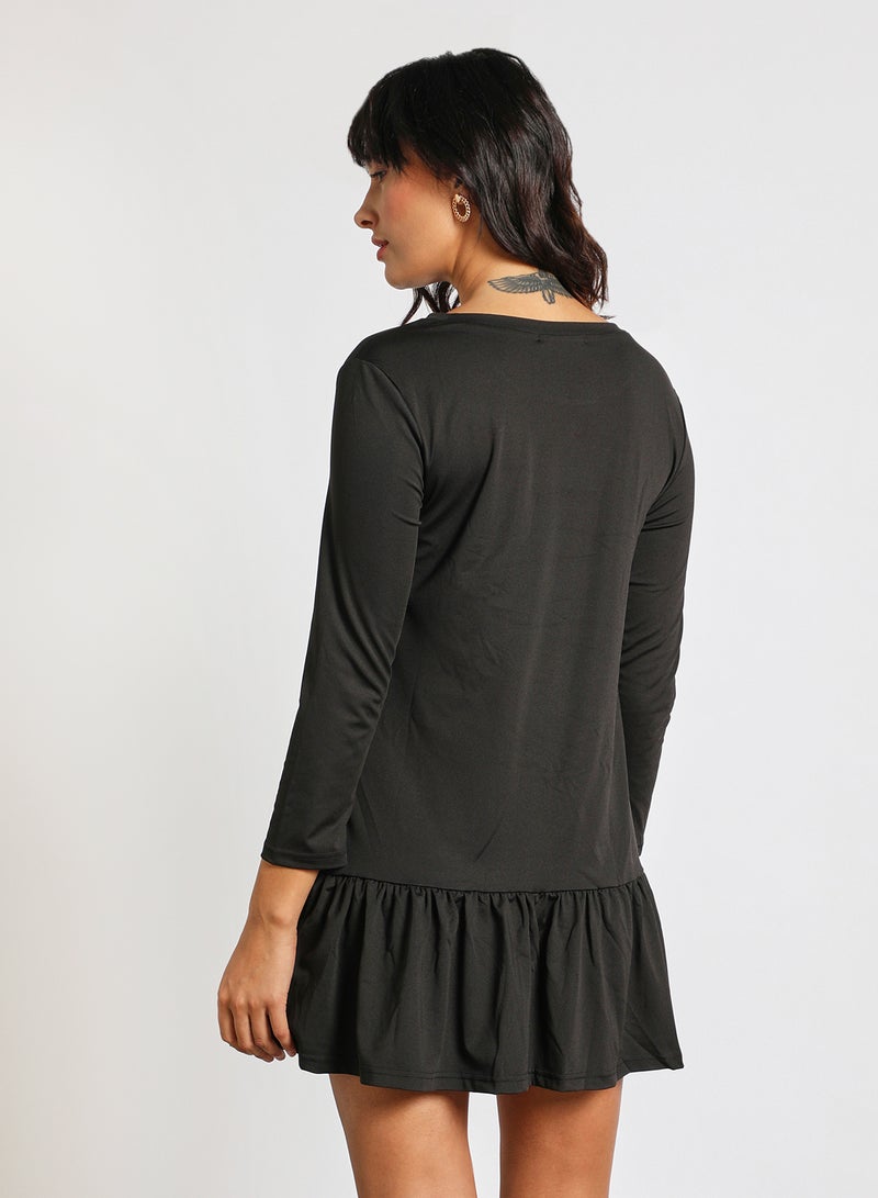 Aila Women's Casual Round Neck Long Sleeve Ruffles Hem Knee Length Dress Black  - Image 3