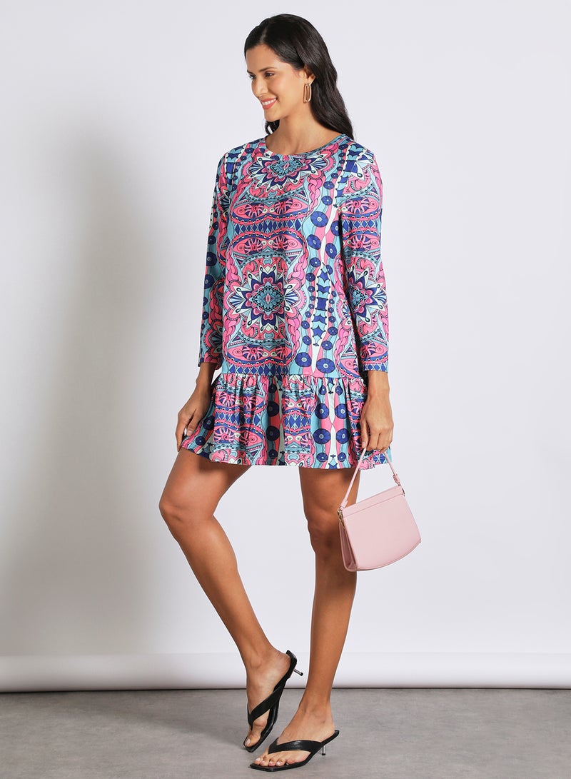 Aila Women's Casual Round Neck Long Sleeve Ruffles Hem Knee Length Dress Multicolour  - Image 2