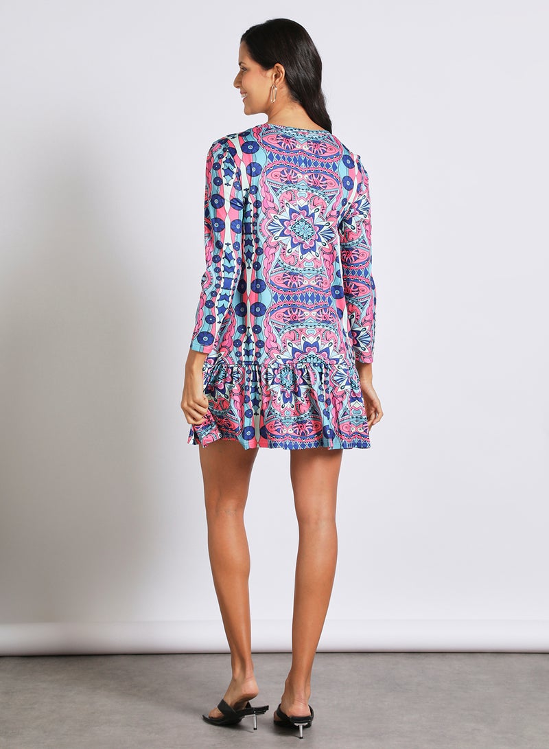 Aila Women's Casual Round Neck Long Sleeve Ruffles Hem Knee Length Dress Multicolour  - Image 3