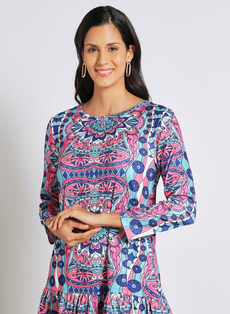 Aila Women's Casual Round Neck Long Sleeve Ruffles Hem Knee Length Dress Multicolour  - Image 4