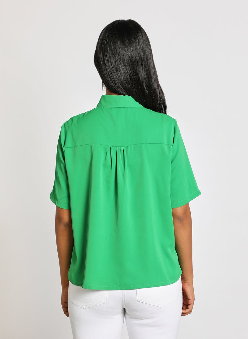 Aila Women's Casual Short Sleeve Front Tie Collar Tops With Chest Pleat Green - Image 3