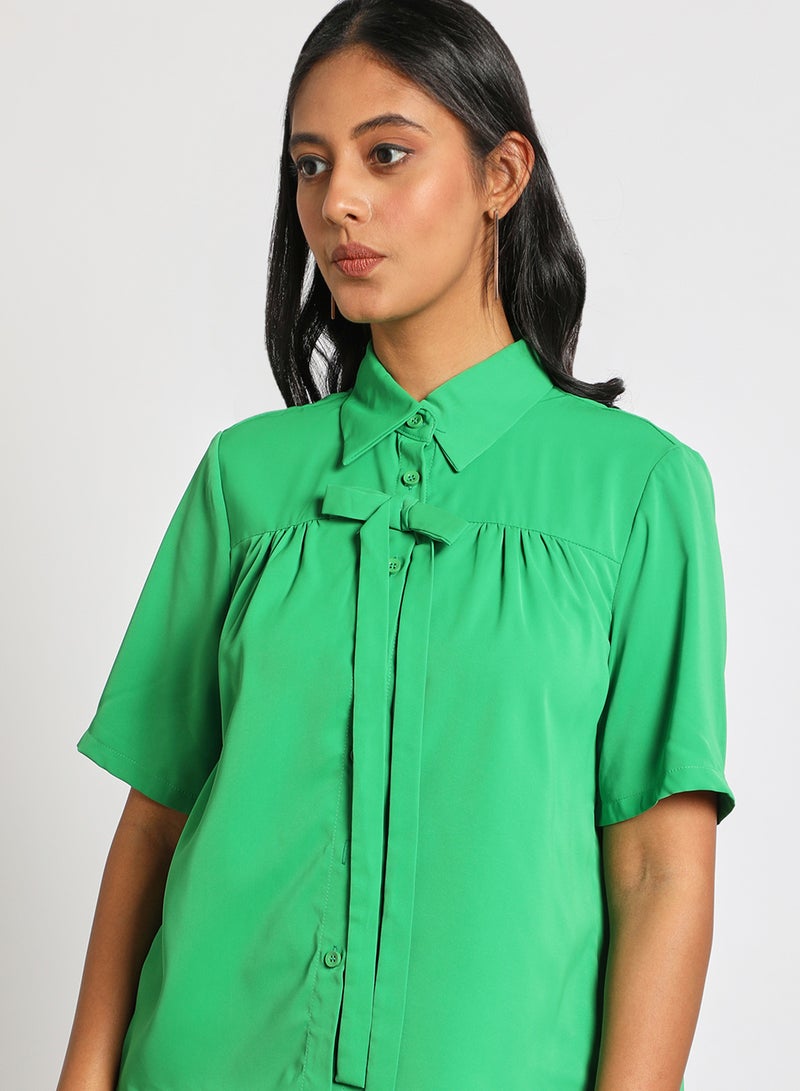 Aila Women's Casual Short Sleeve Front Tie Collar Tops With Chest Pleat Green - Image 4