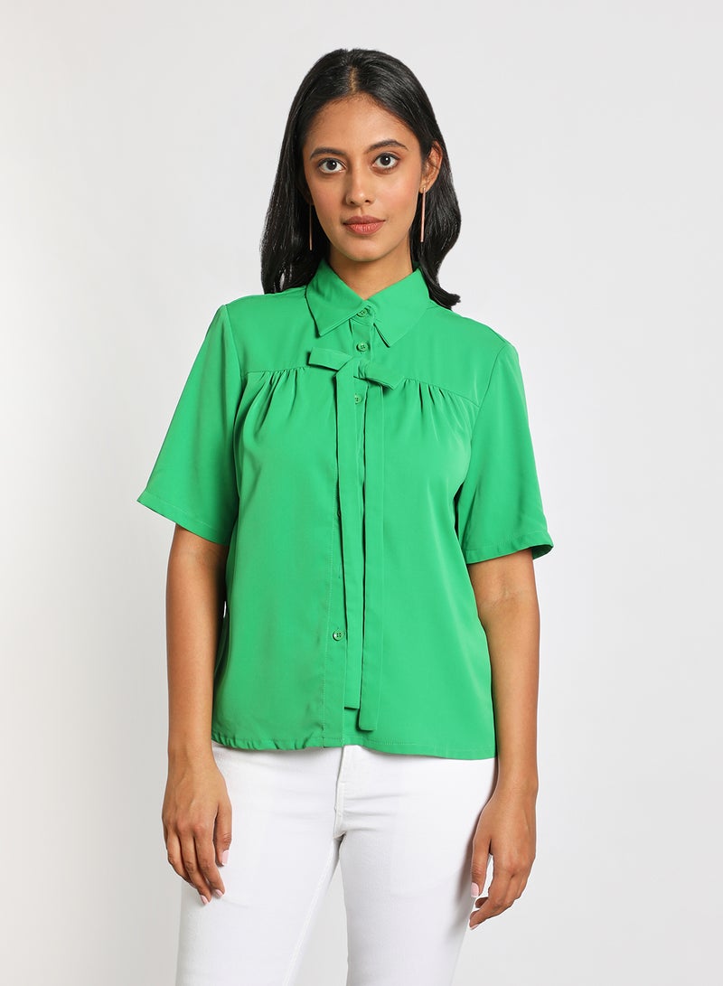 Aila Women's Casual Short Sleeve Front Tie Collar Tops With Chest Pleat Green - Image 1
