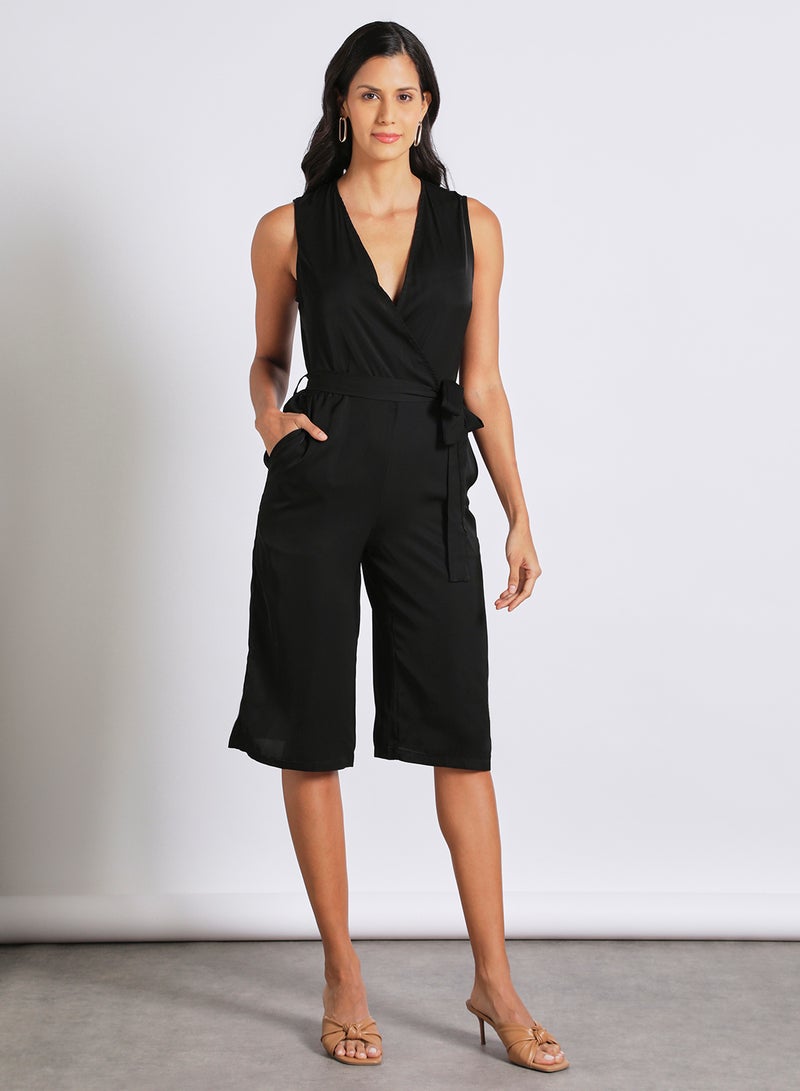 Aila - Women's Sleeveless Tailored Wrap Jumpsuit With Waist Tie And Back Zipper Black - Image 1