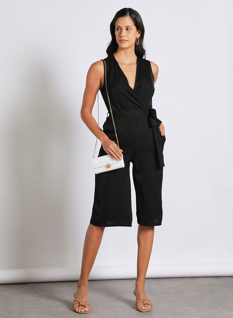Aila - Women's Sleeveless Tailored Wrap Jumpsuit With Waist Tie And Back Zipper Black - Image 1