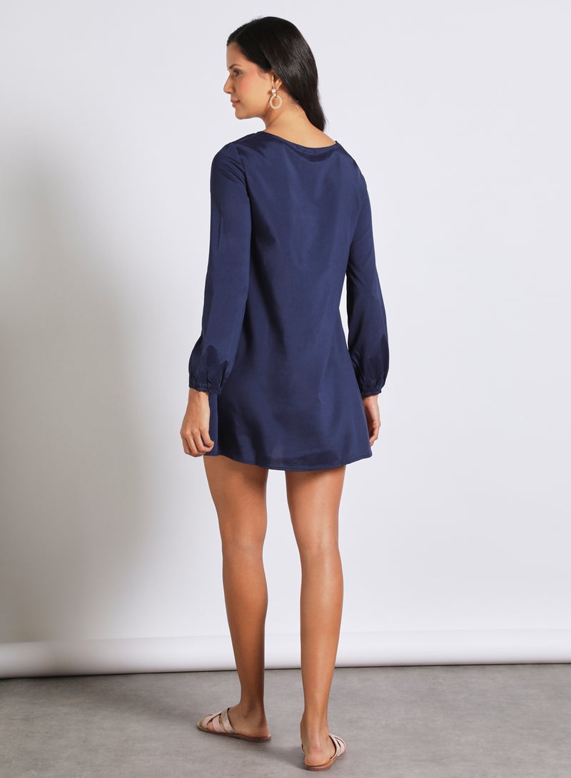 Aila - Casual Polyester Blend Long Sleeve Mini Dress With Boat Neck Navy Blue - Image 1