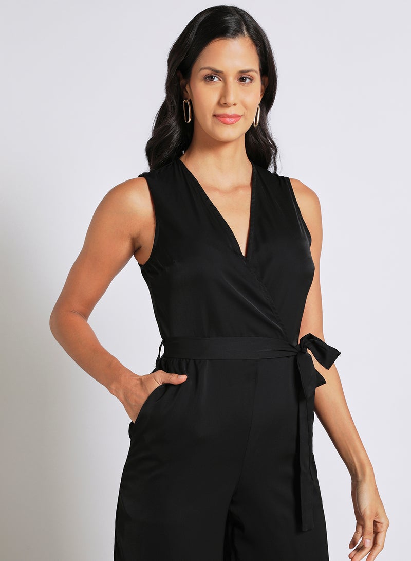 Aila - Women's Sleeveless Tailored Wrap Jumpsuit With Waist Tie And Back Zipper Black - Image 1