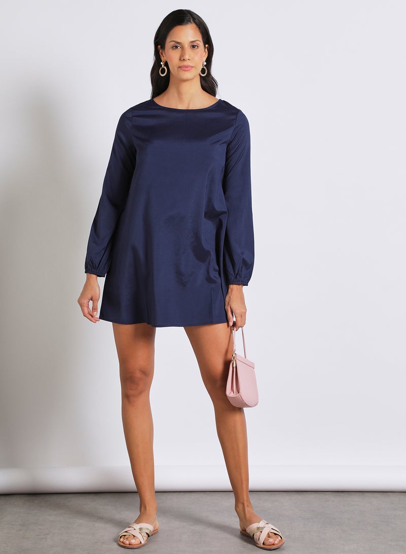 Aila - Casual Polyester Blend Long Sleeve Mini Dress With Boat Neck Navy Blue - Image 1