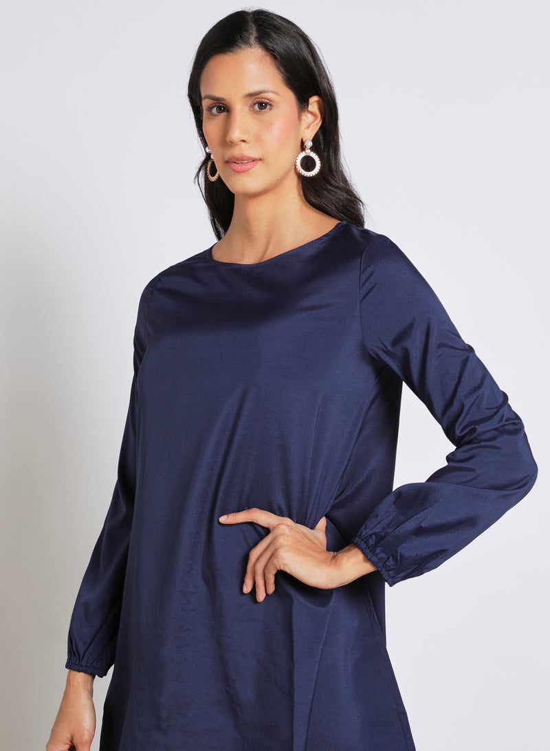 Aila - Casual Polyester Blend Long Sleeve Mini Dress With Boat Neck Navy Blue - Image 1