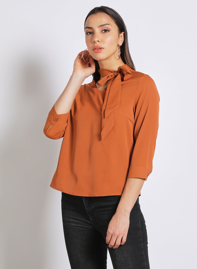 Aila - Women's Casual Neck Tie V-Neck Long Sleeve Top With Back Box-Pleat Earth Brown - Image 1