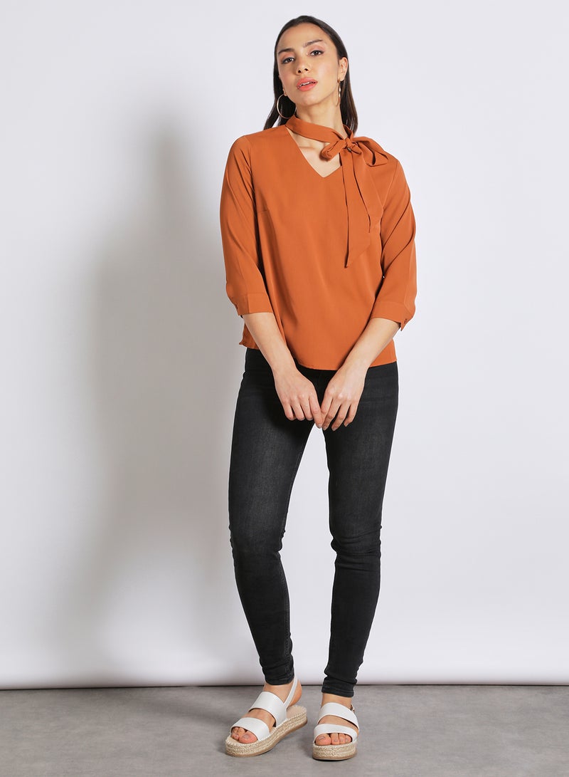 Aila - Women's Casual Neck Tie V-Neck Long Sleeve Top With Back Box-Pleat Earth Brown - Image 1