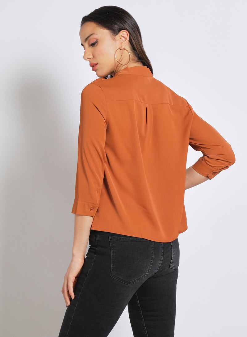 Aila - Women's Casual Neck Tie V-Neck Long Sleeve Top With Back Box-Pleat Earth Brown - Image 1