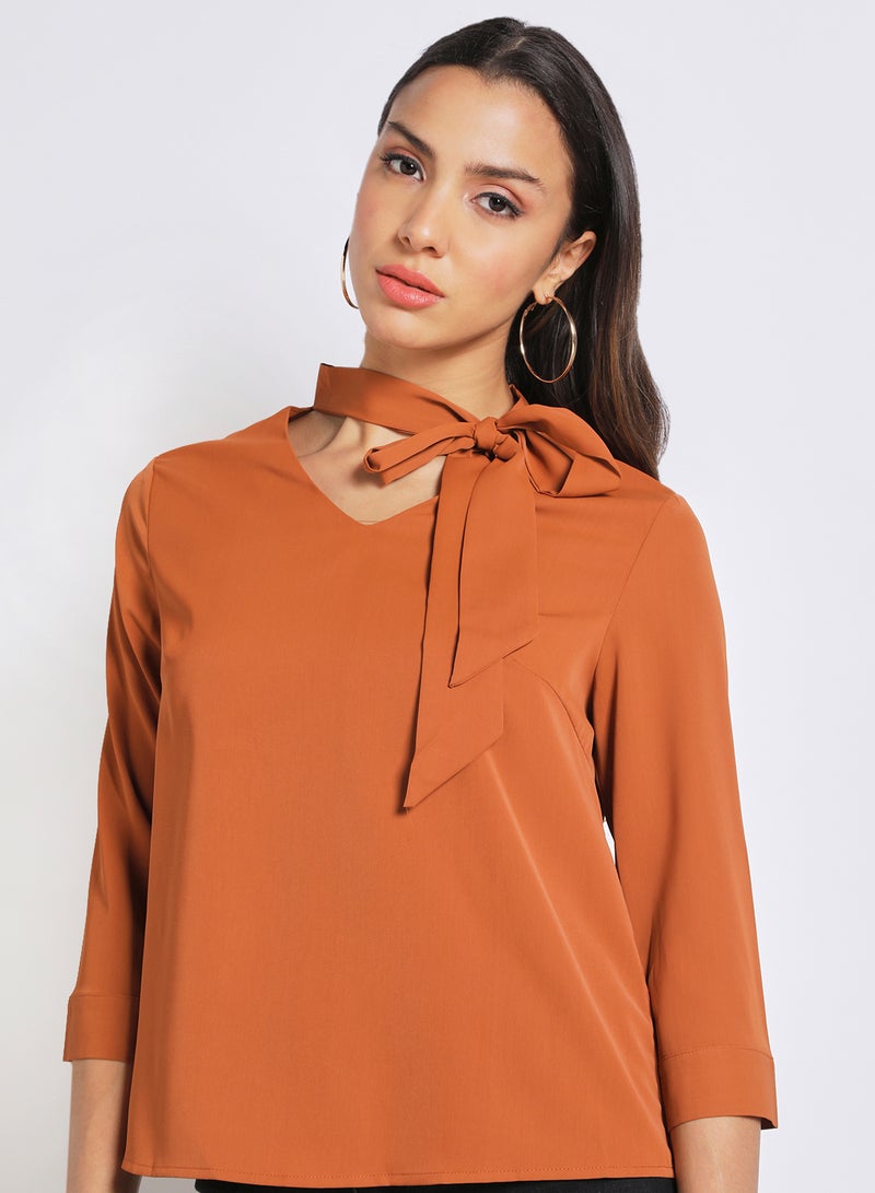 Aila - Women's Casual Neck Tie V-Neck Long Sleeve Top With Back Box-Pleat Earth Brown - Image 1