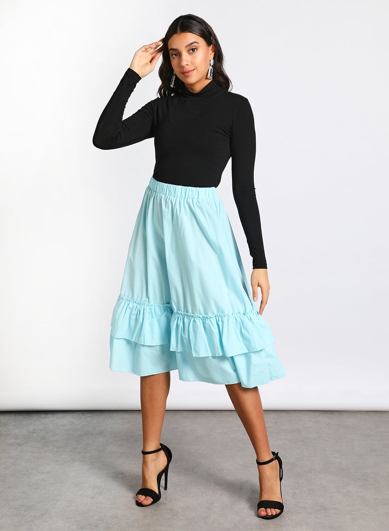 Aila - Women's Casual Elastic waist Band Midi Length Flare Ruffle Skirt Light Blue - Image 1