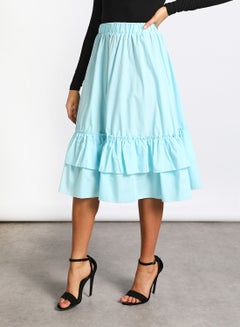 Women's Casual Elastic waist Band Midi Length Flare Ruffle Skirt Light Blue