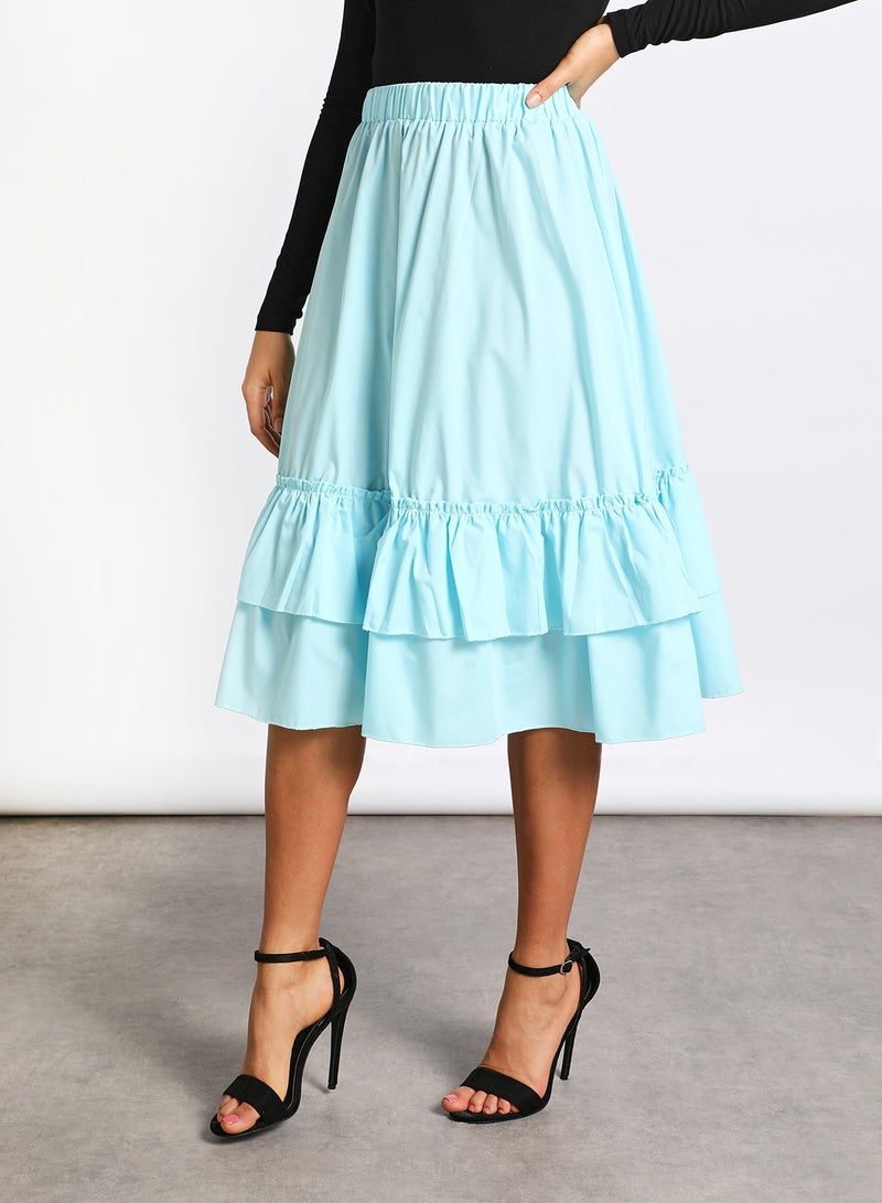 Aila - Women's Casual Elastic waist Band Midi Length Flare Ruffle Skirt Light Blue - Image 1