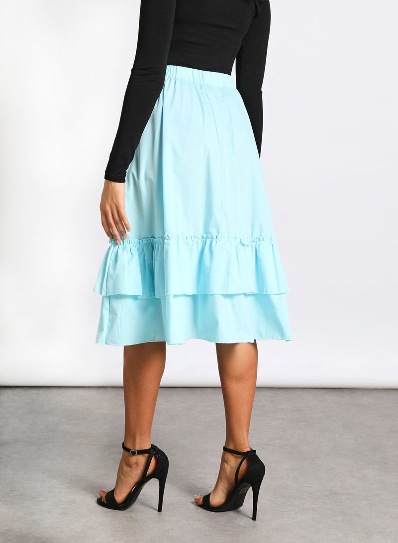 Aila - Women's Casual Elastic waist Band Midi Length Flare Ruffle Skirt Light Blue - Image 1