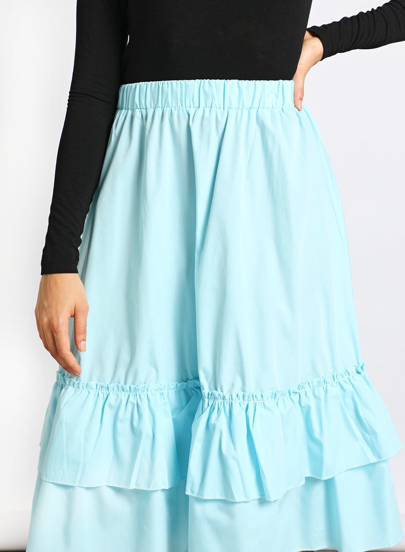 Aila - Women's Casual Elastic waist Band Midi Length Flare Ruffle Skirt Light Blue - Image 1