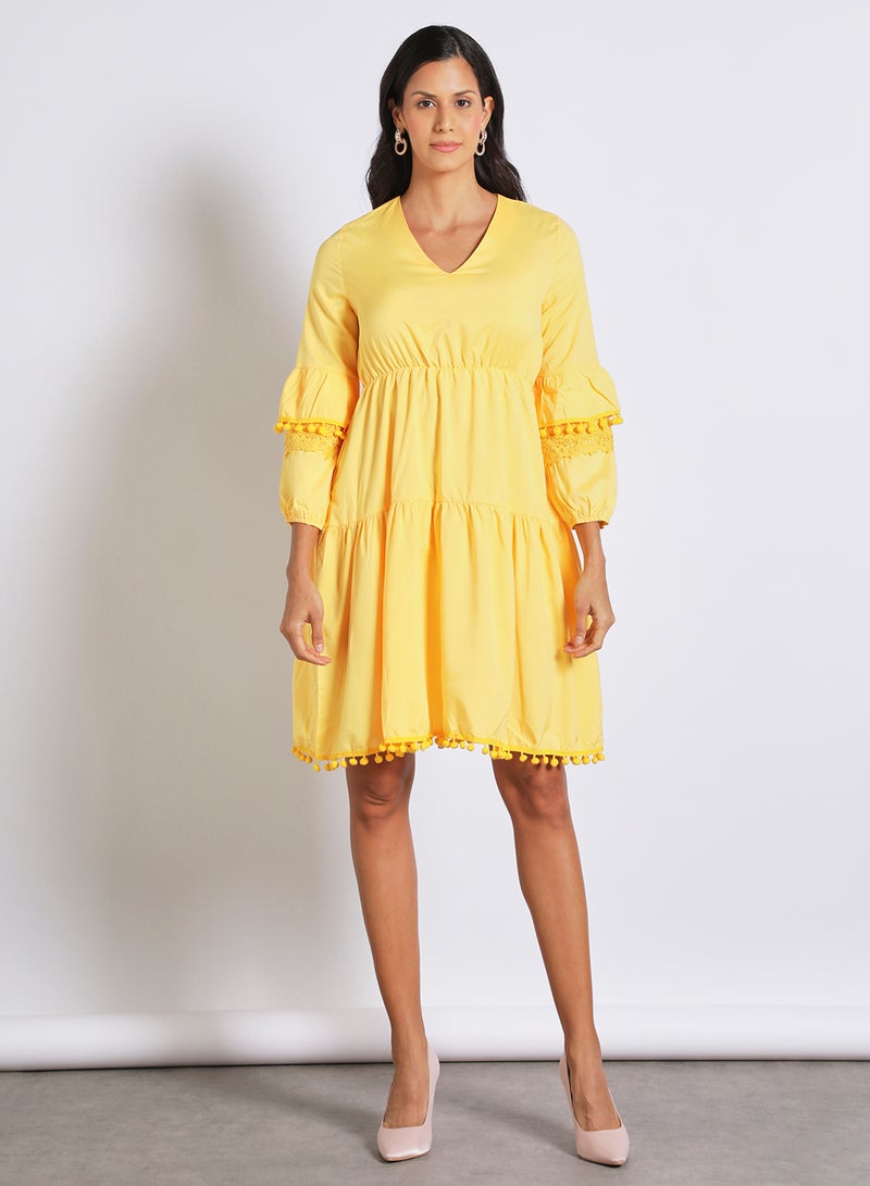 Aila - Long Sleeve Mini Dress With Lace Trim Yellow - Image 1