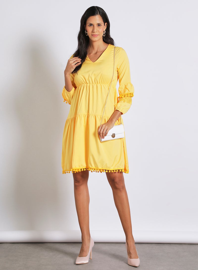 Aila - Long Sleeve Mini Dress With Lace Trim Yellow - Image 1