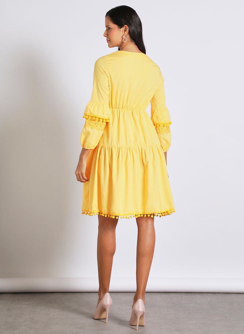 Aila - Long Sleeve Mini Dress With Lace Trim Yellow - Image 1
